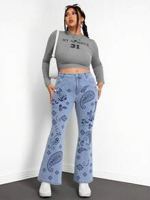 Jeanoix 大码女式腰果图案高腰口袋休闲喇叭牛仔裤 - 藍色 - 查看 5
