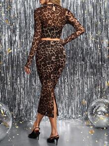 SHEIN Clasi Women's Leopard Print Crop Top With Sheer Mesh And Bodycon Skirt Set, Elegant For Daily Wear, Party, Autumn/Winter
