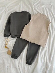 Loomiva 3件套男童字母印花圆领长袖套头卫衣、松紧腰裤和无袖加厚背心，秋冬季 - 彩色 - 查看 4