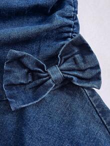 Girls' Casual Comfortable Soft Washed Denim Dress With Bowknot Decor, Elastic Waist Patchwork Flared Hem Long Dress, Lightweight Summer