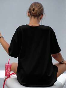 EMERY ROSE 大码圣诞T恤，大码街头图案短袖T恤，可爱休闲上衣 - 黑色 - 查看 2