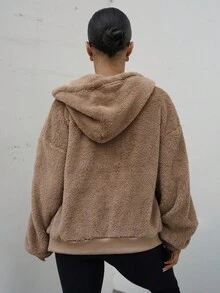 SAYEHFBABY 女士纯色羊毛连帽运动衫，厚实保暖女士羊毛运动衫，棕色，秋冬，长袖上衣 - 卡其色 - 查看 2
