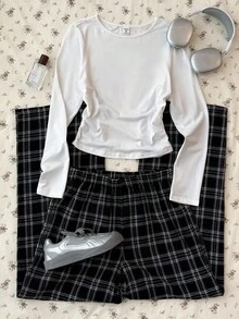 SHEIN Teen Girls Plaid Casual Pants With Waist Pleats And Long Sleeve Top, Casual Outfit