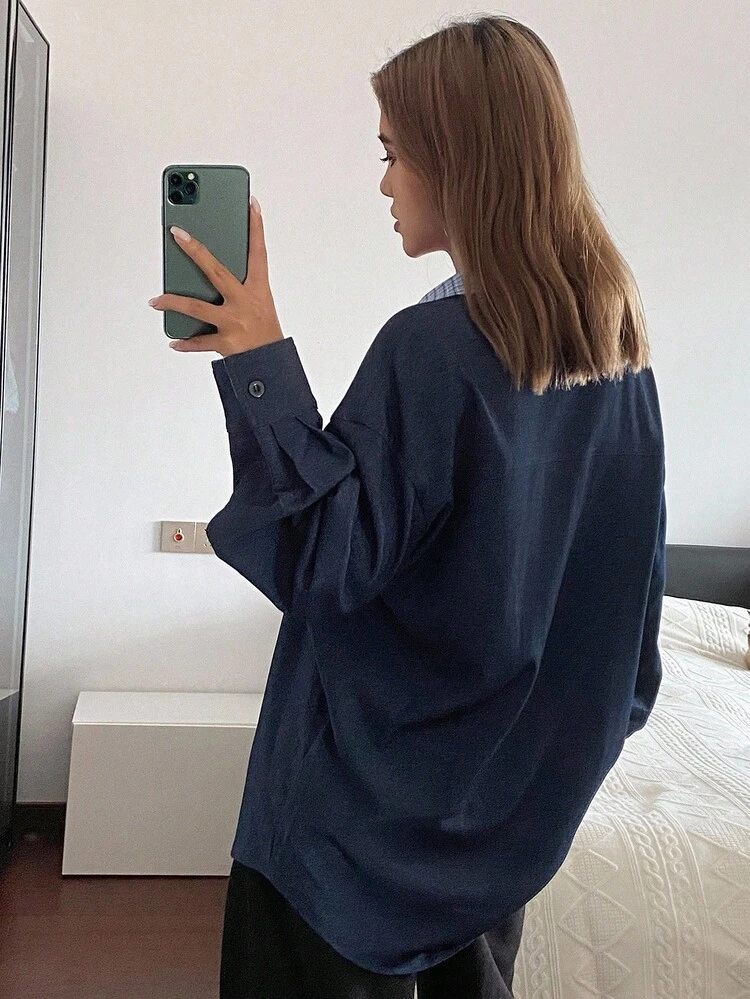 Women's Casual Loose Contrast Plaid Turndown Collar Long Sleeve Shirt, Autumn/Winter