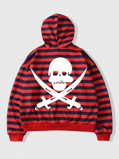 Sudadera con capucha y cremallera de manga larga con estampado de rayas y letras para hombre, otoño