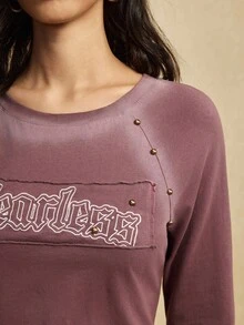 Easelle 女士圆领插肩袖字母刺绣扎染T恤 - 棕色 - 查看 7