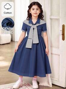 Vestido vaquero de manga corta con cuello de chal a rayas, estilo vintage, para niñas jóvenes de vuelta al colegio en primavera/verano. Adecuado para niñas jóvenes en primavera/verano, vestido elegante de cintura alta y estilo coreano casual para salidas, uso diario, vacaciones.