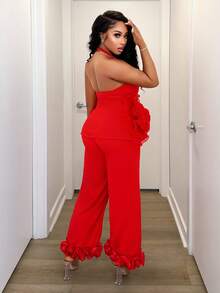 BamGleam Women 3D Floral Halter Sleeveless Top And Long Pants Suit, 2 Pieces Set