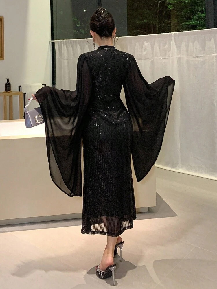 Women's Elegant Sequin Patchwork Ruffle Sleeve Mid-Length Dress, Autumn Prom Dress New Years Women Outfit Carnival Sparkly Dress