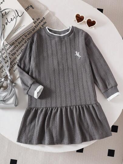 Genkimix Kids 少女韩版针织条纹袖口刺绣小马标志连衣裙