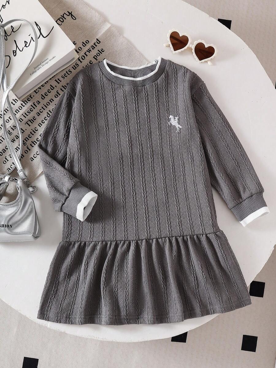 Genkimix Kids 少女韩版针织条纹袖口刺绣小马标志连衣裙 - 灰色 - 查看 1