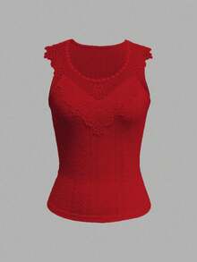 Chiquease Fashionable Versatile Casual Solid Color Embroidered Tank Top - Red - View 3