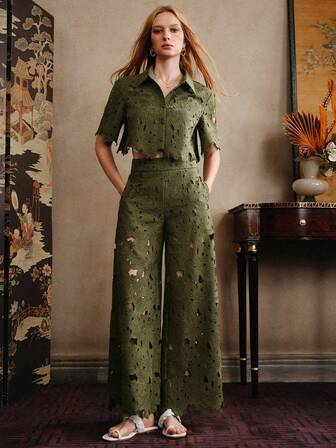 Arave 2 st/set damvävd broderad ihålig ärmlös topp med bälte och vida byxor, vardagskläder för utomhussemester, vår/sommar