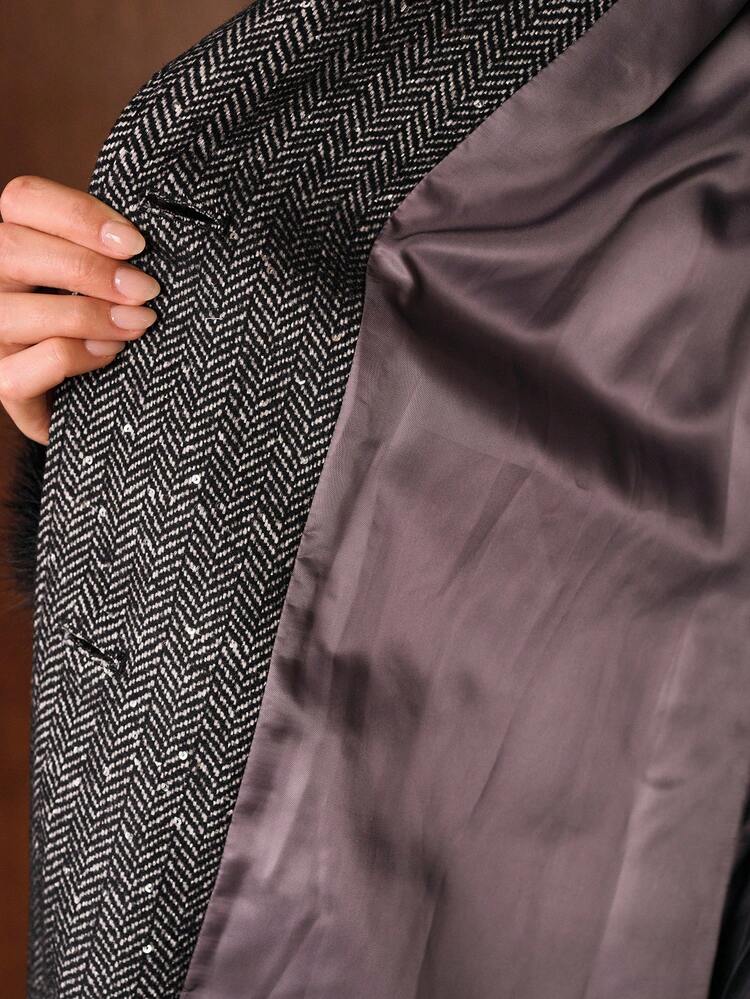 WOOL GRAY FAUX FUR PATCHWORK HERRINGBONE VINTAGE CASUAL OVERCOAT