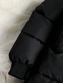 Unisex Mid-Long Hooded Winter Jacket With Printed Back, Detachable Hood, Pockets And Zipper, Polyester Outerwear Suitable For Daily Outings, Outdoor And Cold Snowy Weather In Winter - Black - View 5