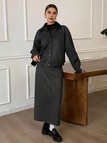 Livesso Women's Autumn/Winter Wool Blend Jacket And A-Line Skirt Two Pieces Suit, Loose Fit Business Casual Commuter Fashion
