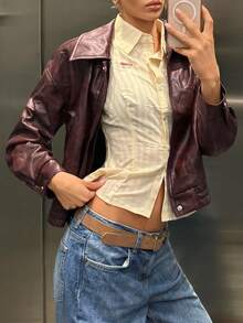 SHEIN EZwear 女款純色棕色拉鍊PU皮革街頭時尚長款冬季外套哥德風夾克 - 咖啡棕 - 查看 3