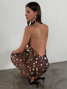 Aloruh 女式新款秋冬无袖挂脖连衣裙，性感鹿纹高领露背长款连衣裙，派对俱乐部服装 - 彩色 - 查看 6