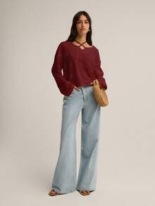 Nöista Long-Sleeve Textured Knit Top With A Square Silhouette And A Unique Halter-Style Strap Detail, Offering An Effortless Chic Look Perfect For Women's Winter; Easy To Wear For Everyday Styling, Casual Seasonal Looks, Festive Christmas Dressing And Modern New Year Ensembles. - Burgundy - View 4
