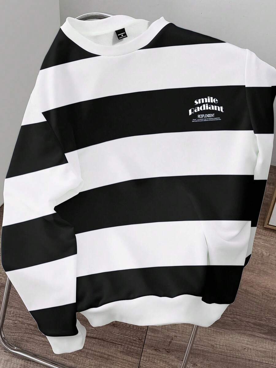 Manfinity Joysei 男士休闲标语条纹圆领长袖宽松套头衫，秋冬 - 彩色 - 查看 1