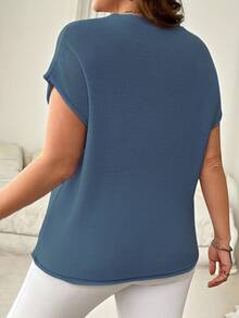 Vionelle Áo len dệt kim màu trơn cỡ lớn, trang phục công sở đơn giản - Màu xanh bụi bặm - Xem 2