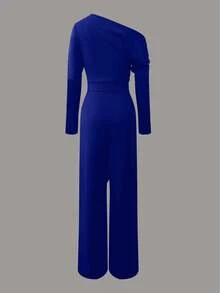 INAWLY Women's Solid Color Asymmetric Neck Ruffle Palazzo Jumpsuit, Elegant Fall Cloth For Women - Blue - View 2