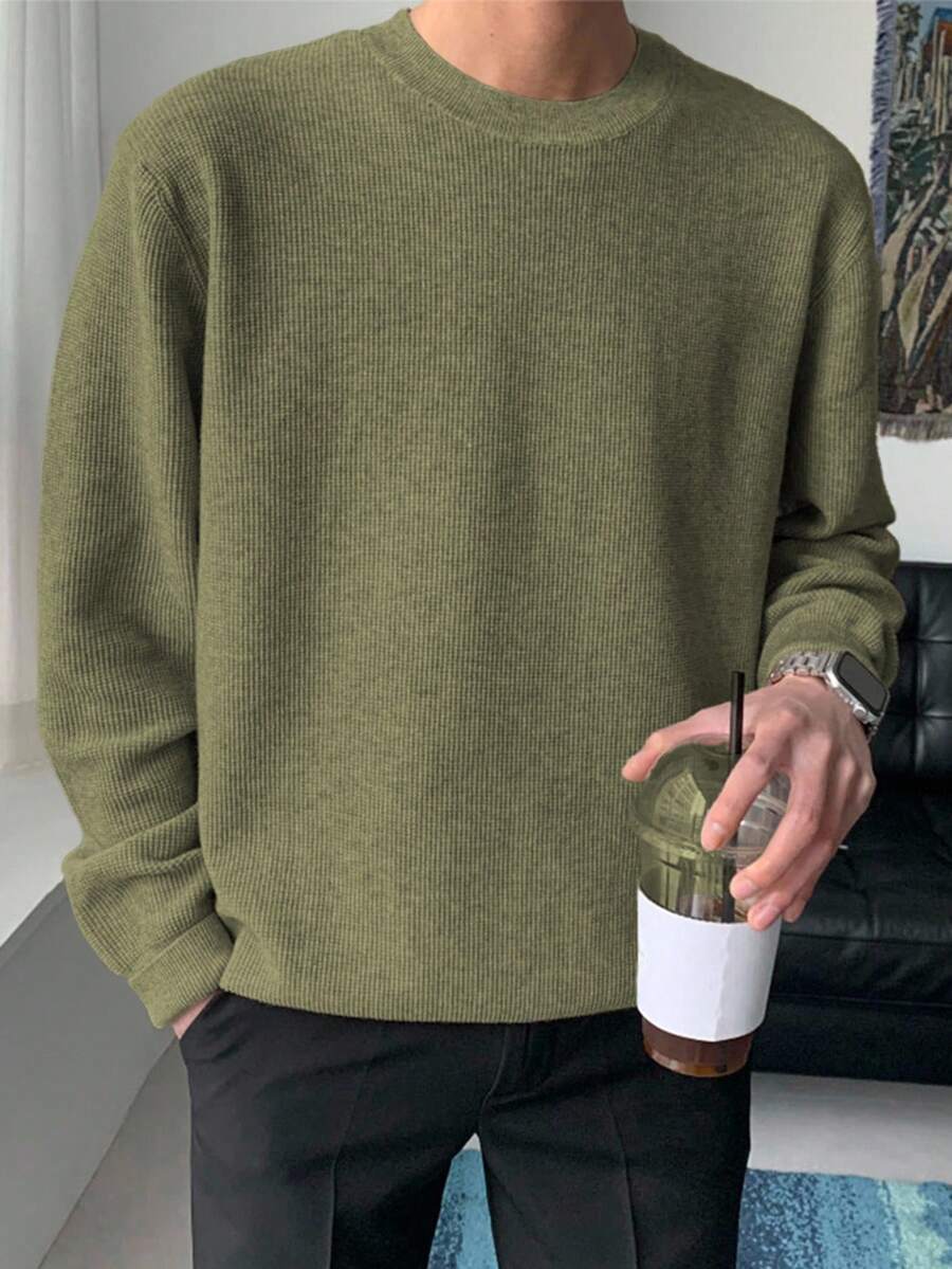 DAZY Jersey de cuello redondo verde sólido para hombre, otoño/invierno - Verde - Ver 1