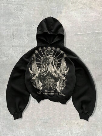 Street Life Sudadera con capucha casual de hombre con estampado de lema de la Virgen María, otoño/invierno