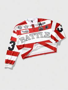 ROMWE MEN Men Half-Zip Casual Preppy Long Sleeve Versatile Digital Striped Sports T-Shirt, Fall