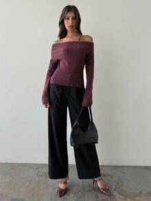 Aloruh 女装秋冬新款褶皱斜肩扭结棕色长袖毛衣 - 棕色 - 查看 3