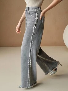 Anewsta Quần jean ống rộng rộng rãi họa tiết ngọc trai giả thời trang thường ngày cho nữ - Xám - Xem 5