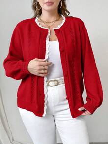 SHEIN Unity Plus Size Women Solid Color Lace Loose Casual Cardigan, Autumn/Winter - Red - View 3