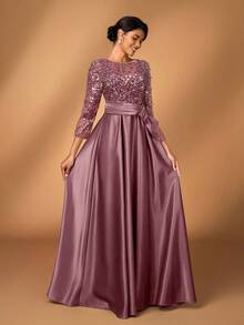 Serin Elegant Luxurious Sheer Long Sleeve Embroidered Lace Floral Bubble Pearl Bow Flared Dress, Suitable For Wedding, Party, Vacation, Prom, Evening Gown For Bride, Mother Of The Bride, Valentine's Day - Dusty Pink - View 5