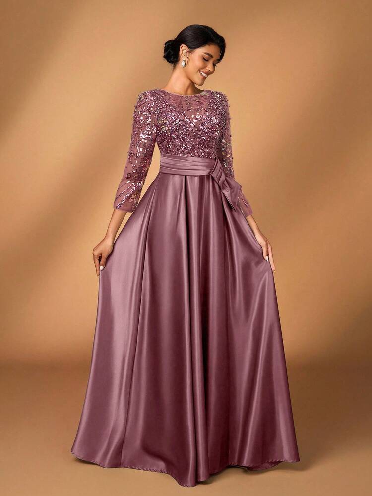 Serin Rochie elegantă și luxoasă, transparentă, cu mânecă lungă, brodată din dantelă, cu flori, cu perle și funde, potrivită pentru nuntă, petrecere, vacanță, bal, rochie de seară pentru mireasă, mama miresei, Ziua Îndrăgostiților - Roz praf - Vizualizare 5