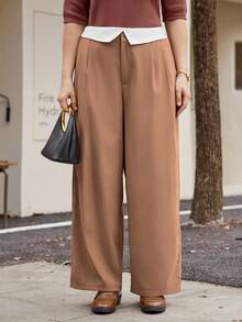 Calvaya Plus Size Fashion Commuter Colorblock Asymmetric Waistband Design Pants - Khaki - View 6