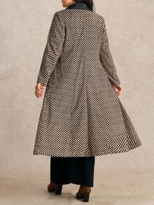 Nubod Plus Size Women Striped Lapel NeckLong Sleeve Metal Button Design Elegant Long Fashionable Jacket, Autumn/Winter