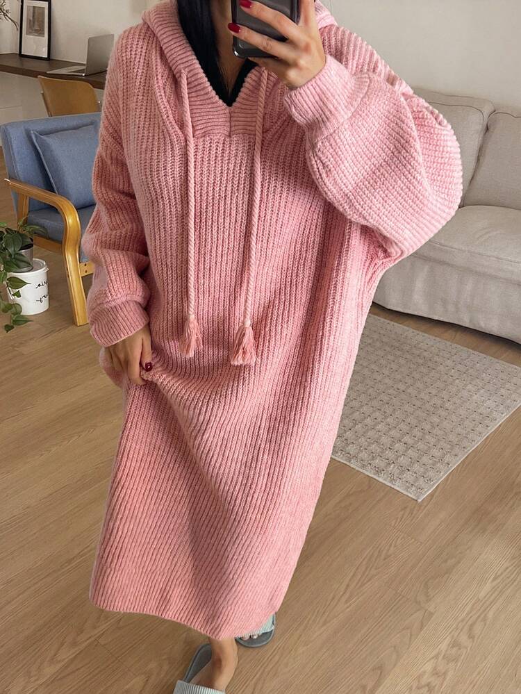 Women's Hooded Knitted Mid-Length Casual Dress, Autumn/Winter Pajama, Cozy Outfit