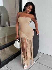 Alexandranx Vestido de ganchillo tipo body crochet para cubrir con flecos extra largos en color albaricoque, sin tirantes, para primavera y verano, ideal para vacaciones en la playa