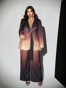 Viva Relle 女士优雅渐变色印花丝带领夹克和裤子套装