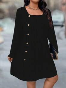 Plus Size Women Casual Everyday Commute Simple Solid Color Square Neck Button Decor Loose Dress - Black - View 7