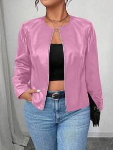 SHEIN PETITE CURVE Plus Size Women's Classic Versatile PU Leather Jacket, Petite Series