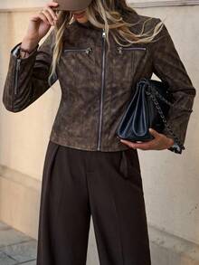 Solivie Áo khoác lửng cổ điển thời trang dành cho nữ mùa thu/đông - màu nâu - Xem 6