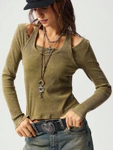 Bohemela 1 Áo thun dệt kim dài tay dáng ôm màu trơn dành cho nữ, thường ngày - xanh quân đội - Xem 5