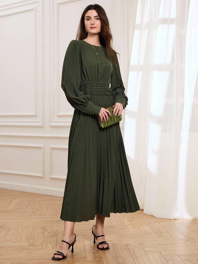 Women's Elegant Commuter Solid Color Lantern Sleeve Pleated Long Dress