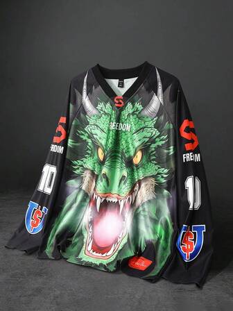 Anime Maglietta a maniche lunghe con scollo a V e stampa di lettere, modello raglan, vestibilità ampia, per uomo