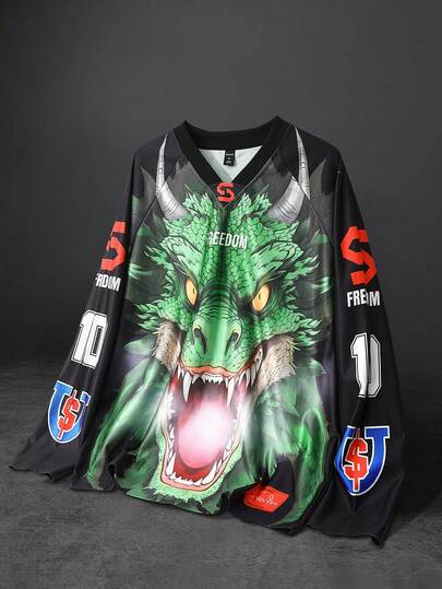 Street Life Men's Letter Print V-Neck Raglan Long Sleeve Loose T-Shirt