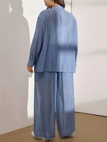 Zelara 大码女式长袖单排扣衬衫和阔腿裤宽松休闲两件套，秋季 - 藍色 - 查看 2