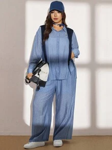 Zelara 大码女式长袖单排扣衬衫和阔腿裤宽松休闲两件套，秋季 - 藍色 - 查看 1