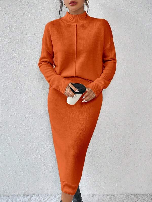 Almamuse Women's Solid Color Stand Collar Drop Shoulder Long Sleeve Sweater And Knit Midi Skirt 2-Piece Set, Casual For Autumn/Winter