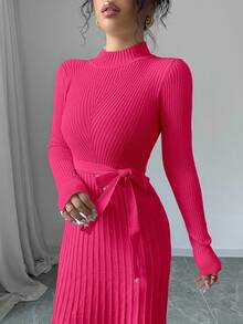 Elenzga 女式纯色立领长袖系带优雅简约 A 字针织连衣裙，秋冬 - 玫紅色 - 查看 6